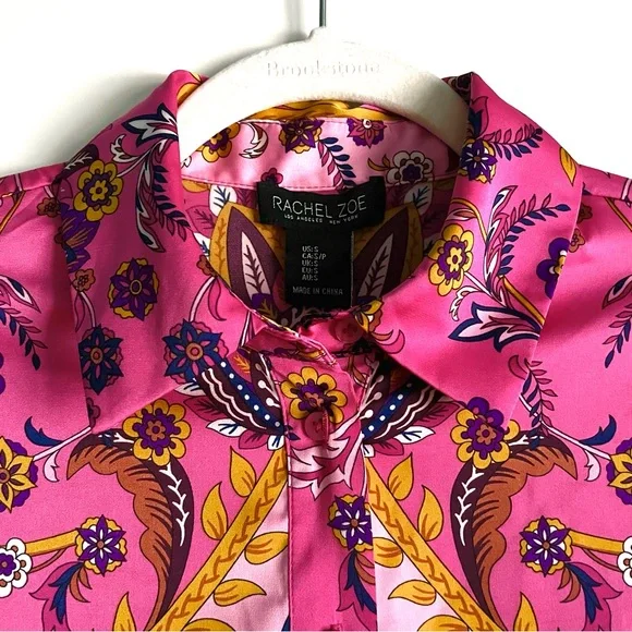 Rachel Zoe Satin Floral Paisley Button Down Blouse in Pink Multi Size S NWT - Picture 7 of 16
